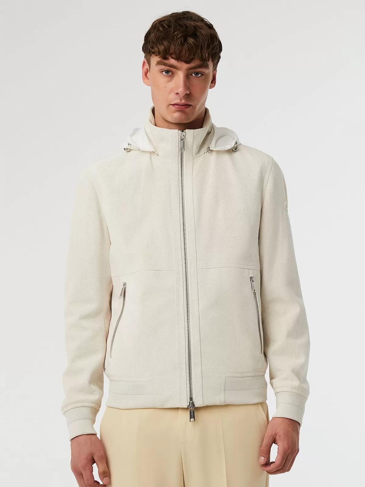 Shop AlphaTauri Perforated Leather Jacket Off White