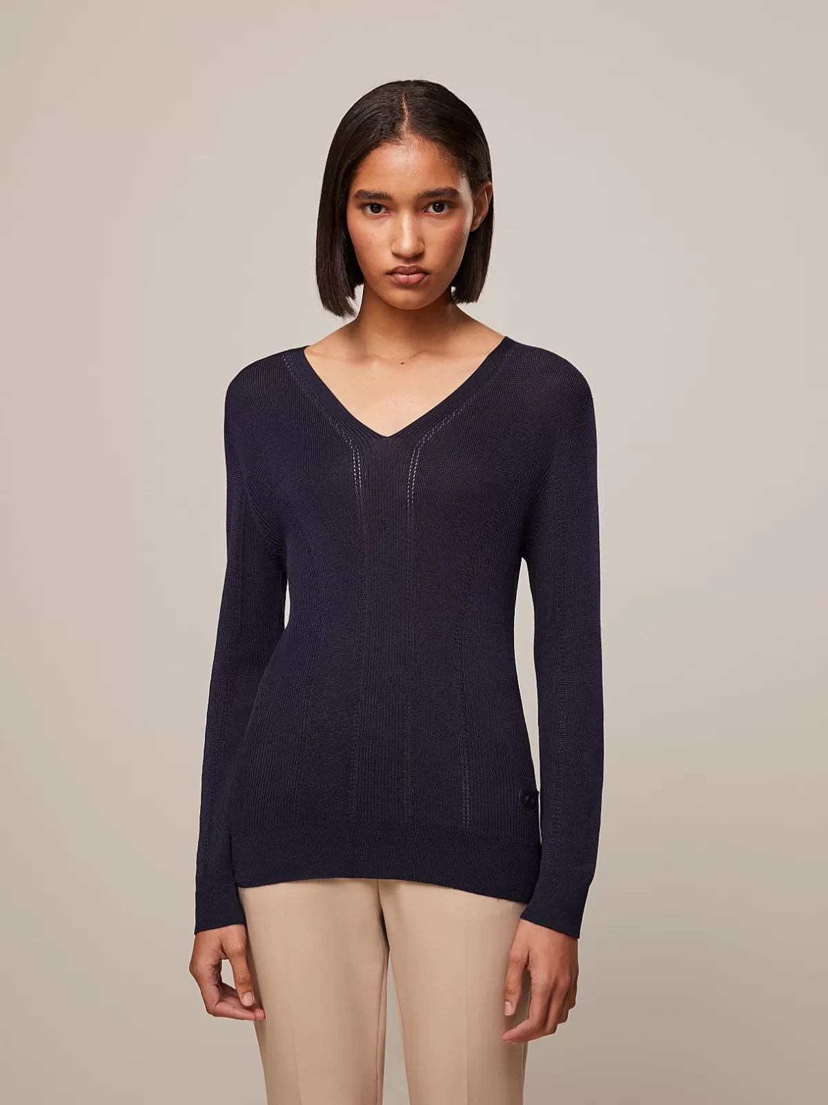 Shop AlphaTauri Seamless 3D Knit V-Neck Sweater Navy